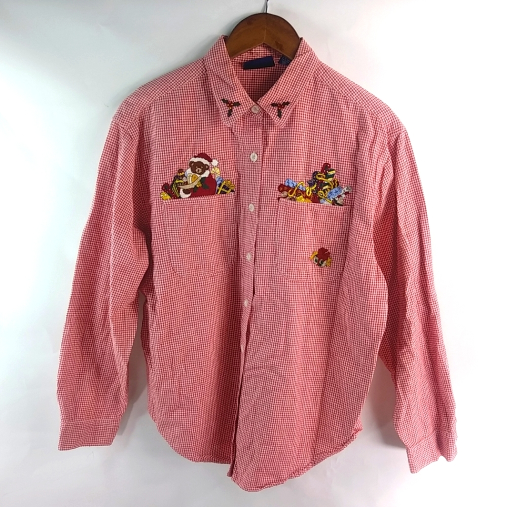 Solutions PL Red Checked Teddy Bear Christmas Top